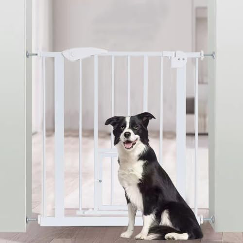 Panana Pressure Fit Safety Gate,Baby Toddler Pet Dog Gate with Cat Flap Pet Safety Gate Barrier for Doorways Hallways,Auto Close,75-82cm*H76cm(White)