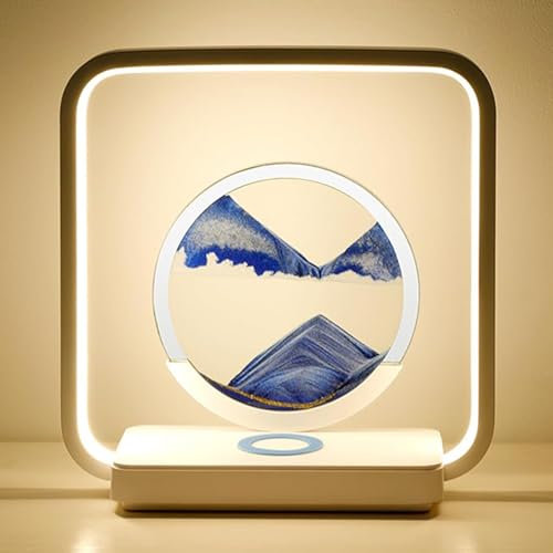 LIROPAU Sandbilder Zum Drehen, Fließende Sandkunst mit Led Licht, Bewegende Sandkunst 3D Dynamisches Sandbild, Kabelloses Laden Bewegende Sandkunstbild Landschaft für Desktop Deko (Blau)
