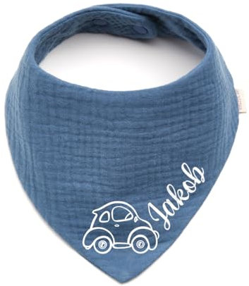 Personalisiertes Dreieckshalstuch aus Baumwolle/Musselin | Auto mit Namen | Halstuch für Jungen, Mädchen | Viele Farben (Indigo)