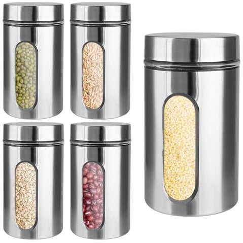 JEUIHAU 5 Pack Kitchen Canister Set, Stainless Steel Tea Storage Containers with Airtight Lids and Glass Viewing Window, Silver Food Storage Container for Tea, Coffee, Sugar, Grains, Beans