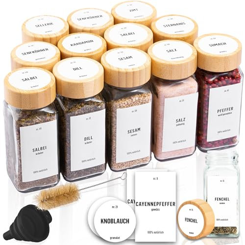 Deco haus® Pot a Epices en Verre avec Étiquettes d'épices Lot de 12 Boite a Epices Cuisine Rangement, Bocal Epices avec Couvercle Hermetiques - Boite Epices Cuisine, Rangement Epices