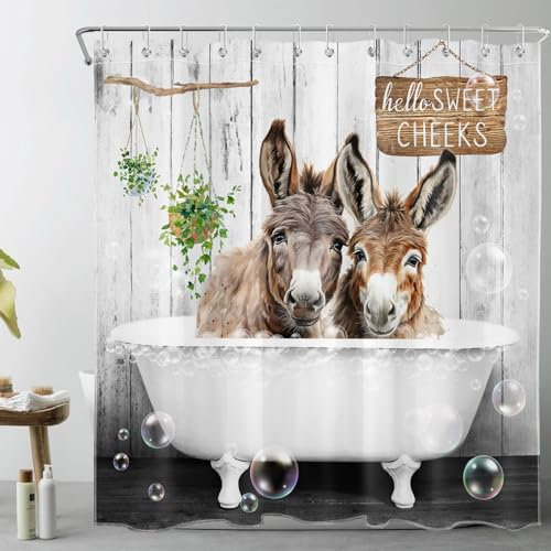 LB Bauernhof Tier Duschvorhang 240x175cm(BxH) Esel in der Badewanne Antischimmel Wasserdicht Badezimmer Vorhänge, Lustig Rustikal Extra Breit Polyester Stoff Bad Vorhang mit Haken