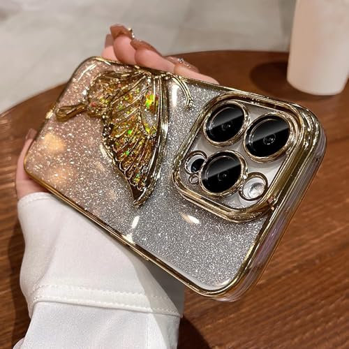 Roemary Butterfly Case for iPhone 13 Pro Max,for iPhone 13 Pro Max Case Liquid Flowing,Glitter Phone Case with Camera Protector-Gold Butterfly