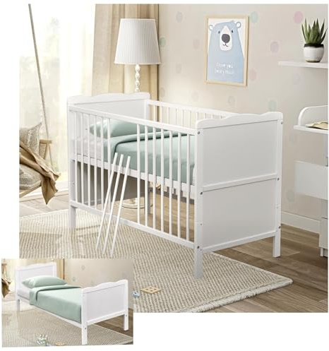 Generisch Baby Delux Babybett 70x140 Kinderbett umbaubar zum Juniorbett weiß 140x70 mit Aloe Vera Komfort Matratze und Beißschienen (Jack)