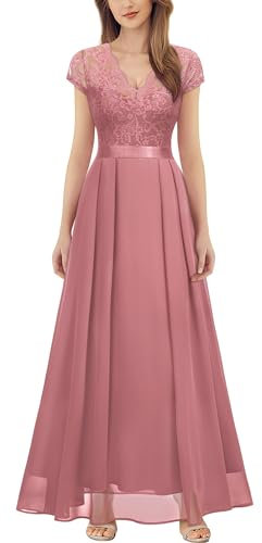 MIUSOL Women's Elegant V-Neck Lace Emprie Waist Bridesmaids Party Gown Formal Maxi Dress (X-Large, Rosiness)