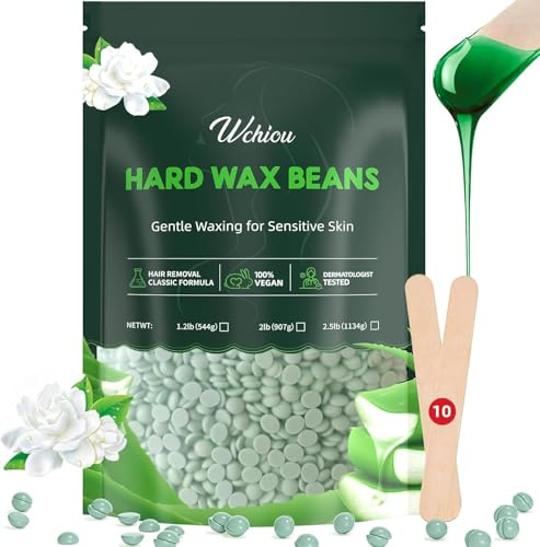 Wchiou Hair Removal Wax, 2lb Wax Beads for Sensitive Skin, With Pure Aloe Vera, For Face, Eyebrow, Leg, Bikini, Brazilian Waxing, Coarse Body Hair Specific