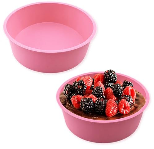 DHSWNNG Silicone Cake Moulds for Baking, 2 PCS 8 Inch Round Non-Stick Cake Tins Quick Release Cakes Mold Silicone Bakeware Tray Pans for Layer Rainbow Chiffon Cakes (Pink)