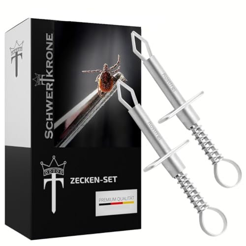 Schwertkrone Set di 2 pinze per zecche con staffa, in metallo, con piuma, per persone, gatti e cani, in acciaio inox igienico