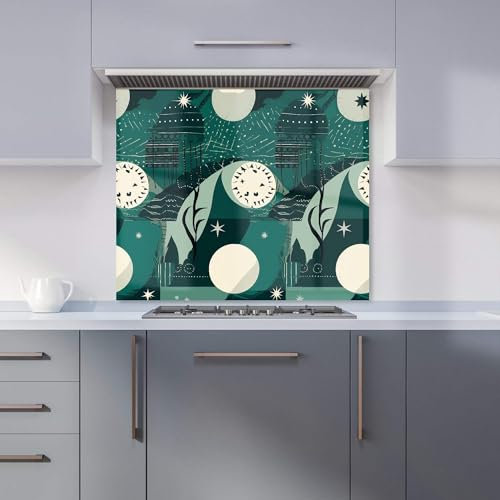 Premium Abstact Green Cream Moon and Stars Kitchen Splashback 6mm Toughened Glass Kitchen Splashback – Heat Resistant Splashback for Kitchens, Perfect for Cookers and Hobs, Polished Edges