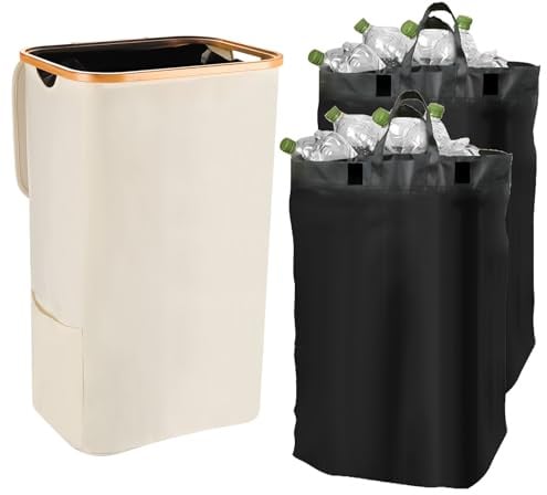 105L Recycling Bin With 2 Inner Bags - 27 Gallon Waste Container for Home and Kitchen - Bottle and Can Storage With Stickers (Beige)