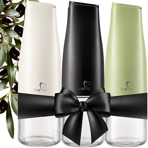 itsufirst® Olive Oil & Vinegar Dispenser Set - 3x500ml Auto Flip, Non-Drip & Non-Spill Glass Pourers, Leakproof Oil Bottles for Kitchen, Easy To Clean, Vinegar Drizzlers for Cooking, Pack Of 3 (W+B+G)