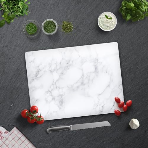 Planche à découper rectangulaire en verre trempé pour cuisine, plan de travail, avec pieds en caoutchouc, résistante à la chaleur, antidérapante, 30 cm x 40 cm, (marbre classique)