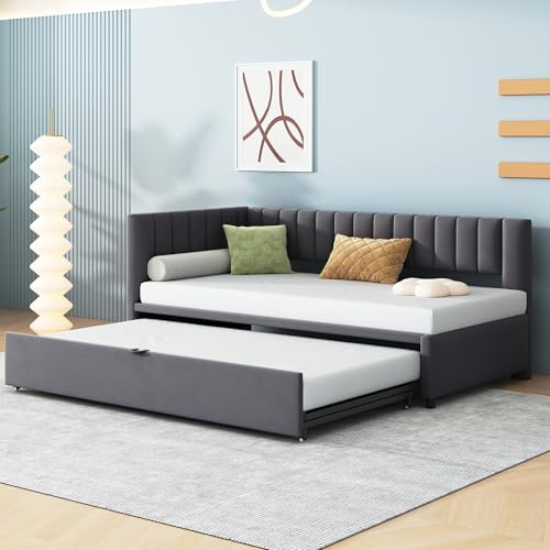 Lcoho Multifunktionales L-förmiges Schlafsofa mit Ausziehbett (90/180x200cm), Polsterbett in Samtstoff, platzsparendes Design für Kinderbett, Gästebett (Dunkelgrau)
