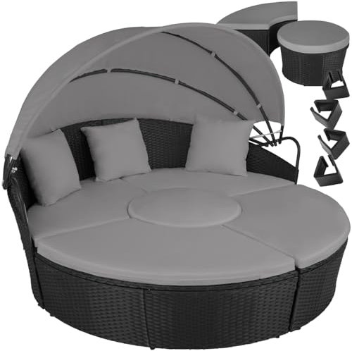 tectake® Bain de soleil Salon de jardin exterieur Modulable en Résine tressée avec Pare Soleil Pliable, Coussins Inclus, Chaise longue Relax Mobilier de Jardin pour Amenagement Balcon Terrasse Veranda