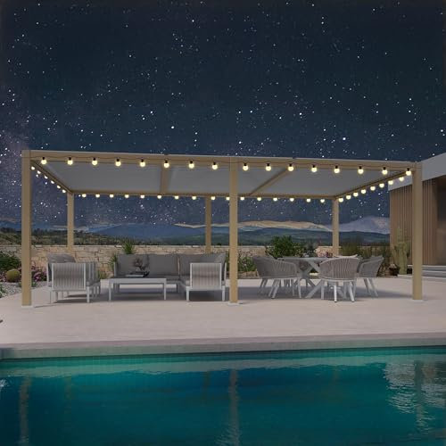 PURPLE LEAF Pergola Bioclimatique en Effet Bois Aluminium 3.5 x 6.35 m, Pergola avec LED, Tonnelle de Jardin Extérieur Imperméable avec Lames Orientables pour Terrasse, Jardin et Carport