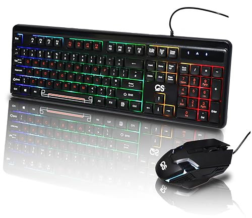 Computer Specialist LED Gaming Keyboard and Mouse Combo – Wired RGB Backlit USB Keyboard and 4D Gaming Mouse for PC, Laptop, Xbox, PS4, Windows