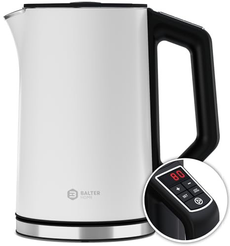 BALTER Edelstahl Wasserkocher mit Temperatureinstellung, 40°C-100°C, Doppelwand, BPA frei, leise & kabellos, Kettle, Teekocher mit Temperaturwahl, 1.5L, 2200W, Weiß