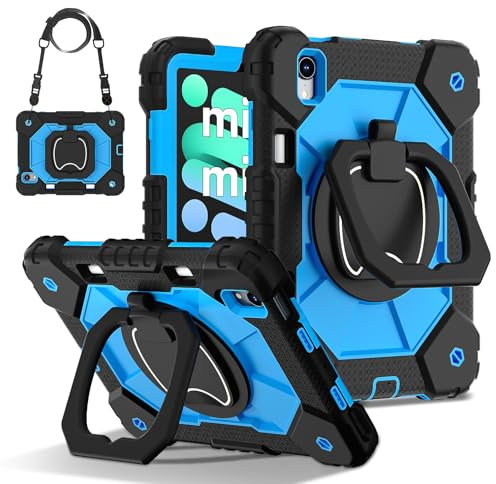 Case Compatible with iPad mini 7 (A17 Pro) 2024/Mini 6 8.3,Heavy Duty Shockproof Tablet Cover W Handle Stand Bracket+Shoulder Strap Rugged Protective Case.Black+Blue