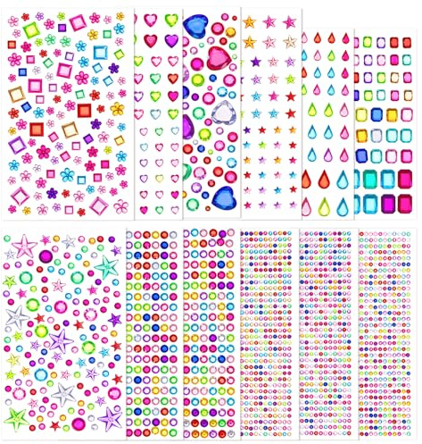 KICNIC Glitzersteine Selbstklebend 4000 Stück, 3D Glitzer Sticker(Bunte) | Strasssteine Gesicht, Klebesteine zum Basteln, Verschiedenen Formen, Festival Deko, DIY, Schminke