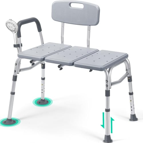 Tub Transfer Bench w/Backrest for Bathtub, Height Adjustable Shower Chair | Secure bath seat features non-slip feet & arm support for safe, comfortable bathtub transfers for the elderly & disabled