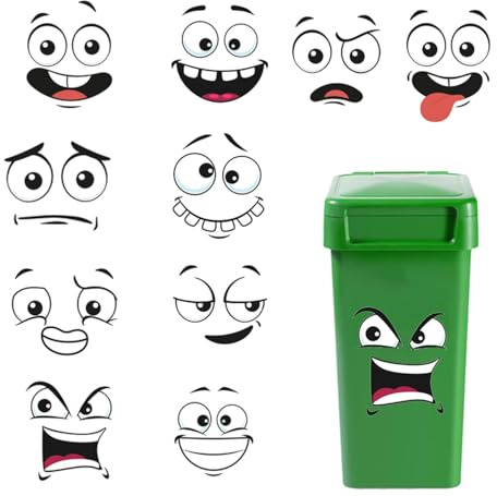10 Pack Funny Trash Garbage Can Stickers- 11.8in x 8.3in Cute Toilet Lid Decal Sticker, Adhesive Cartoon Expressions Sticker for Kitchen Fridge Bucket, Decorative Wall Stickers Indoor (Pattern 1)