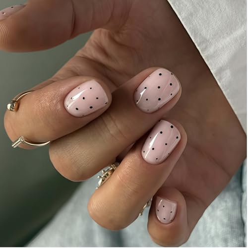 Auroriel 24 Stück Kurz Quadratisch Polka Dot Press On Nägel Schwarze Tupfen Künstliche Nägel Vollcover Glänzend Acryl Fake Nägel Für Frauen