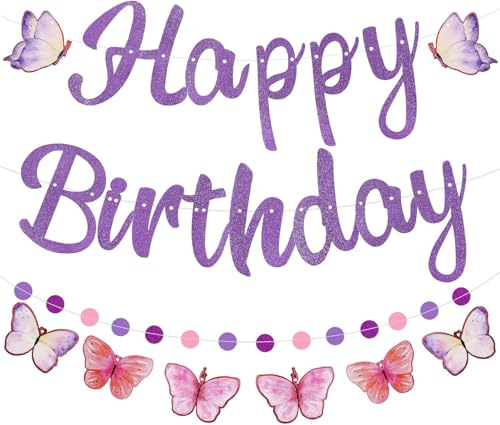 Gleemix Schmetterling Deko Geburtstag Girlande, Lila Happy Birthday Girlande, Schmetterlinge Happy Birthday Banner, Geburtstagsdeko Mädchen, Glänzend Geburtstagsgirlande für Party Deko
