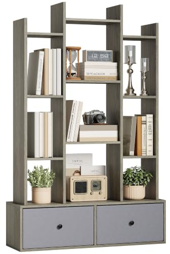 HOMCOM Tree Bookshelf 12-Tier with 2 Foldable Drawers, Graphite Wood Effect | Floor Standing Bookcase, Freestanding Book Shelf Storage Display Shelving Unit, for Living Room, Home Office, Bedroom