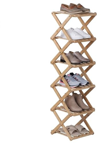 Relaxdays Schuhregal, 6 Schuhablagen, Natur | Klappregal für Flur & Schlafzimmer, HBT 105 x 28 x 28 cm, faltbar, Bambus