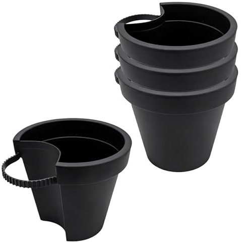 Kunststoff Blumentopf für Regenrohr 24 x 21 cm 4er Set - anthrazit - Pflanztopf mit Befestigungsgurt für Fallrohr - Hänge Blumentopf Pflanzgefäß Hängetopf vertikaler Garten für Säule und Pfosten