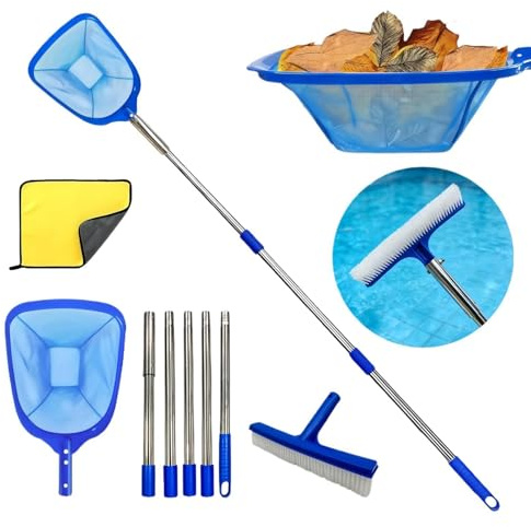 214 cm Skimmer Pool Kescher, Poolreinigung Kescher Feinmaschig Mit Edelstahl Teleskopstange Reinigungstuch Poolbürste, Für Pool, Spa, Teiche, Whirlpools