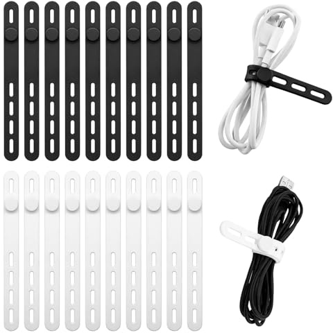 20 Pack Silicone Cable Ties – Adjustable Rubber Cable Ties for Headphone, USB, Laptop Cord, Black & White Management Straps