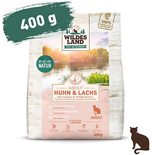 Wildes Land - 400 g - Trockenfutter für Katzen - Huhn und Lachs - Getreidefreie Rezeptur - Hoher Fleischanteil - In Deutschland zubereitet - Hoher Eiweißanteil - Natürliche Zutaten