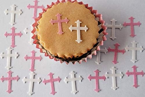 50 White/Pink Edible Rice / Wafer Cross Cupcake / Cake Christening Toppers Decoration