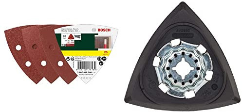 Bosch 25tlg. Schleifblatt-Set verschiedene Materialien für Deltaschleifer (Körnung 60/120/240, 6 Löcher) & Professional Schleifplatte Starlock AVZ 93 G (Größe 93 mm)
