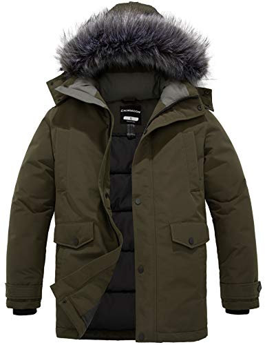 CHIN·MOON Homme Veste Matelassée d'hiver en Coton Veste Coupe-Vent Extérieure Chaude Manteaux à Capuche Fausse Fourrure Parka Classique Vert L
