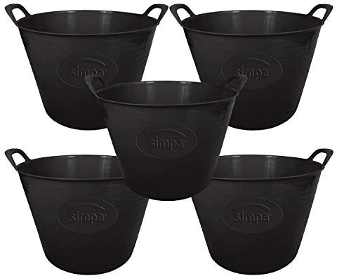 simpahome 42L 42 Litre Large Multi Purpose Flexi Tub - BLACK - Robust Flexible Storage Container Bucket - Set of 5.