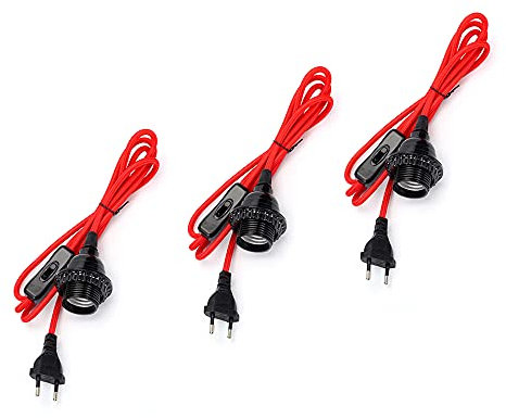 Portalampade a sospensione 3x portalampada E27 con interruttore e spina - cavo Corda Lunga 1.5m Rivestita in Tessuto Rosso -Può essere Installato Ovunque Serva un Punto-luce