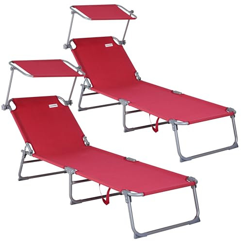 Casaria® 2er Set Sonnenliege Klappbar Gartenliege Wetterfest mit Sonnendach 130kg Belastbar Tragbar 2 Personen Liegestuhl Faltbar Balkon Camping Rot