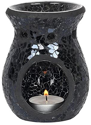 Black Crackle Glass Oil Burner- Small, Lustre Mosaic Wax Melt Burner Single Tea Light Candle Holder Aroma Gift Lamp, for Women Men