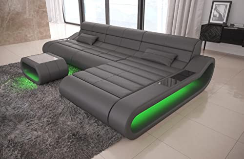 Ledersofa Concept L Form Sofa in Leder - mit LED Beleuchtung, ergonomische Rückenlehnen, Recamiere/Lederfarben wählbar/Ausrichtung Ottomane wählbar (Ottomane rechts, Grau)