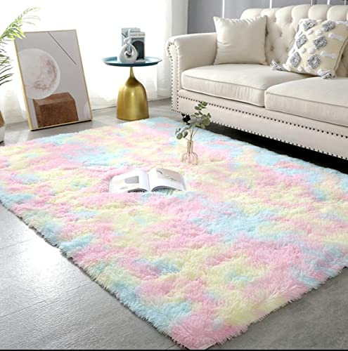 LYKEJI Flauschiger Teppich - Shaggy Langflor für Schlafzimmer und Wohnzimmer - Rutschfeste Dekoration (Regenbogen, 120X160CM)