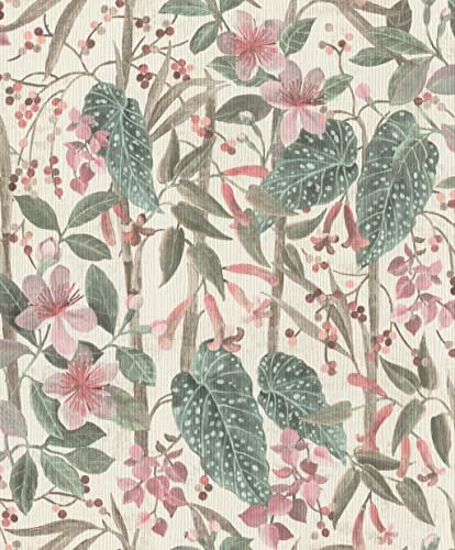 Rasch Tapete 538212 - Helle Vliestapete mit Blättern und Pflanzen in Rosa und Grün aus der Kollektion Curiosity - 10,05m x 0,53m (LxB), Weiß
