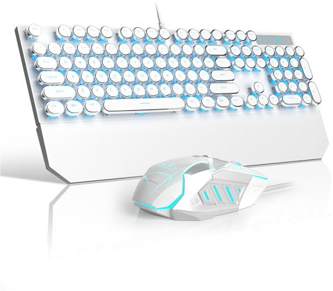 Retro Typewriter Keyboard and Mouse Combo, Cute White Keyboard with Linear Red Switches, Full Size Wired Mechanical Gaming Keyboard, Cool Light Up Keyboard and Mouse for Gaming,Work,Mac,PC,Windows