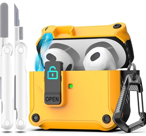 R-fun Compatible con AirPods 3ª Generación 2021 Funda de Carga, Protección Total contra caídas Auto Pop-Up Tapa Compatible con Apple Airpods 3 Gen Funda con Kit de Limpieza y Llavero,Naranja