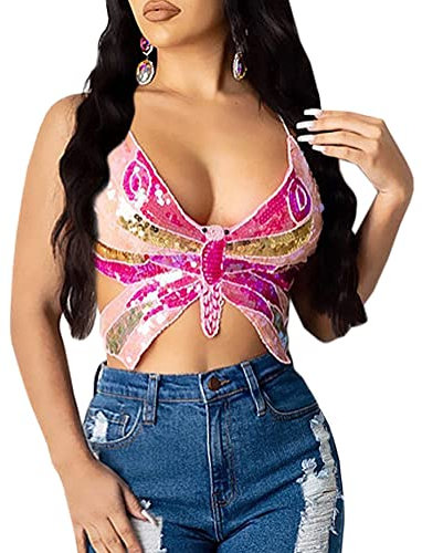 Onsoyours Top Tribale con Paillettes Halter Dance Top del Ventre Festival Clubbing per Le Donne Shimmer Sparkle Senza Maniche Club Crop Tank Fucsia 01 Taglia Unica