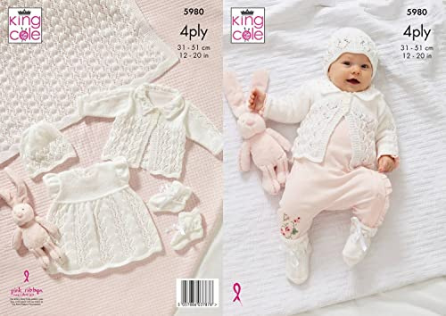 Shawl, Matinee Coat, Hat, Dress and Bootees in King Cole Cherished 4 Ply (5980)