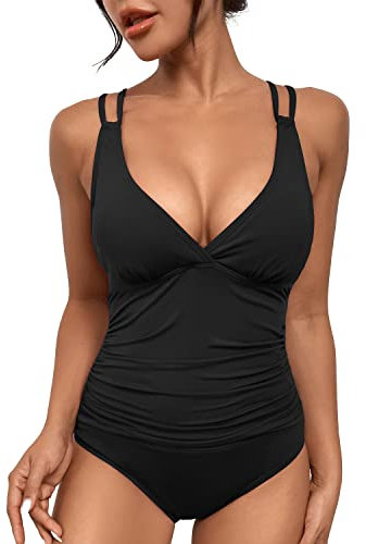 Bañador Mujer Reductores Vientre Plano Push up Sexy Traje de Baño con Aros Cuello en V Ajustables Tipo Sling Control de Barriga Pecho Grande Bañadores Mujer Verano Despedida Soltera