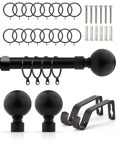 Emma Barclay Extendable Curtain Pole With Finials Rings Brackets & Fittings Sets 16-19mm in Matt Black Metal Curtain Poles For Eyelet Curtains Rod - Ball Collection 1.2m - 2.1m Matt Black