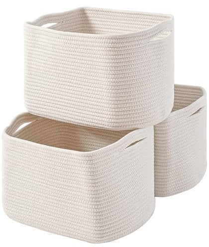 ICERZCZ Storage Baskets (3 Pack) | 15x11x9.5 Woven Cotton Rope Baskets for Storage, Organizing Books, Toys, and Clothes | White Textured Cotton Rope Storage Baskets for Home, Office, and Travel